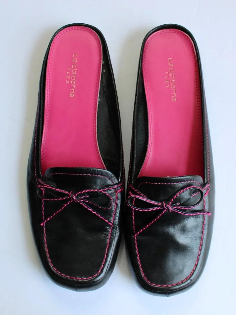 Liz Claiborne Flex Cadence 2 Black Leather Pink Mule Loafers Women's Size 8
